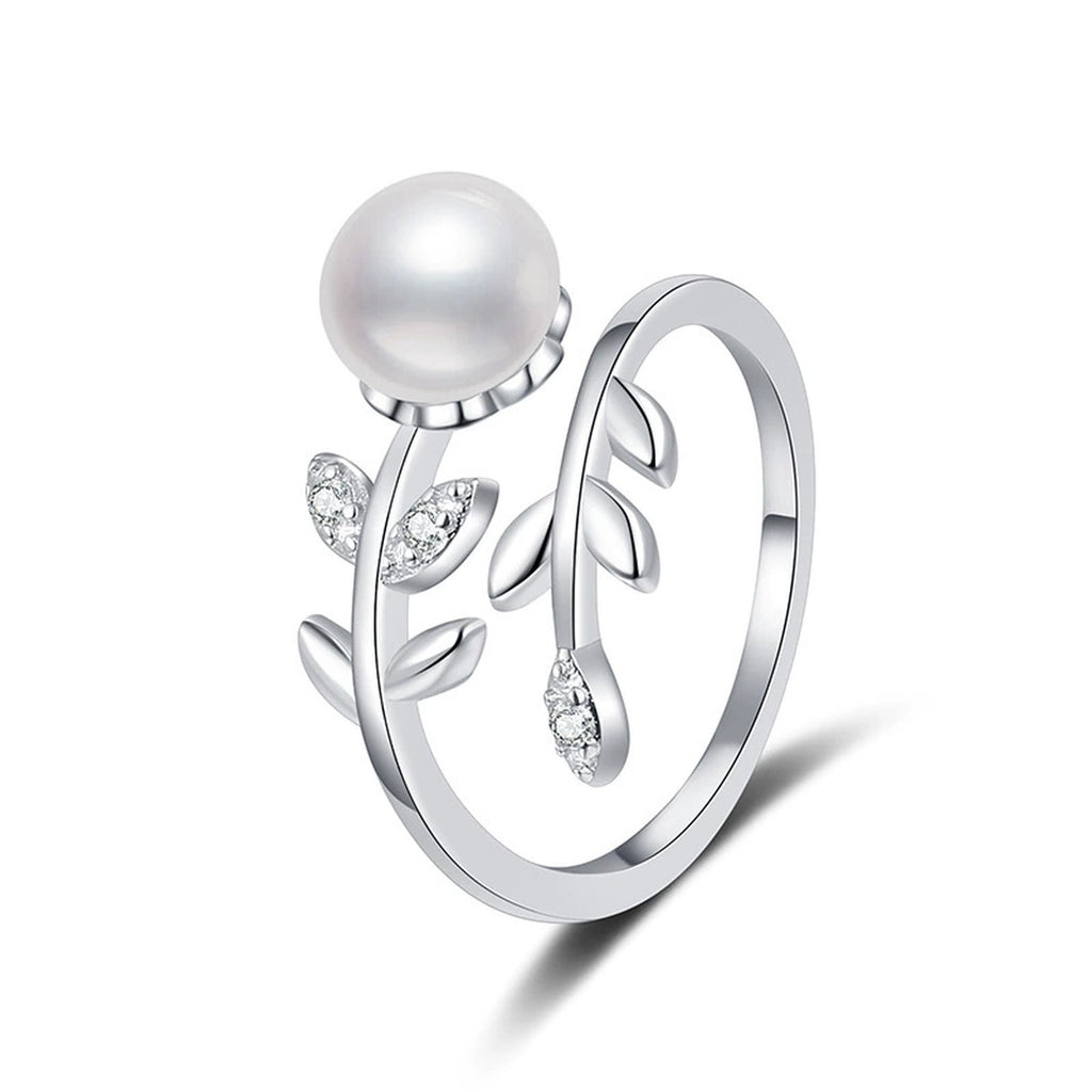Pearl Adjustable Ring with CZ in White Gold-Plated S925 Sterling Silver white background product image