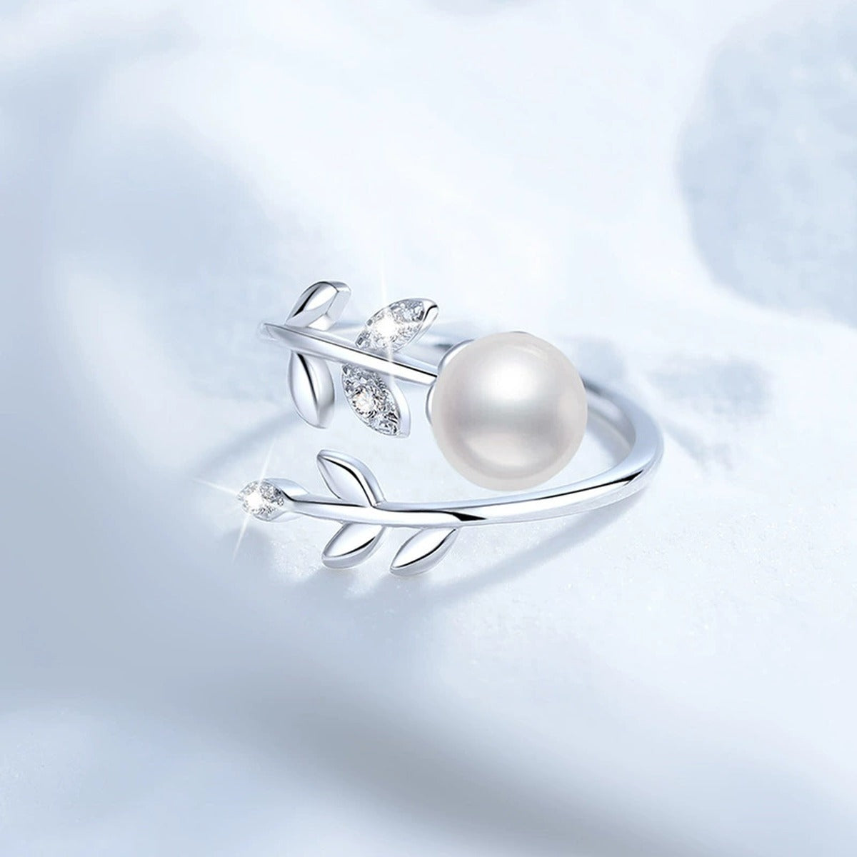 Pearl Adjustable Ring with CZ in White Gold-Plated S925 Sterling Silver product detail view