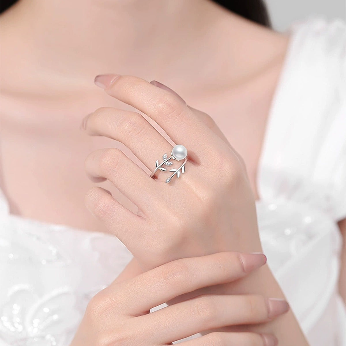 Pearl Adjustable Ring with CZ in White Gold-Plated S925 Sterling Silver worn by model