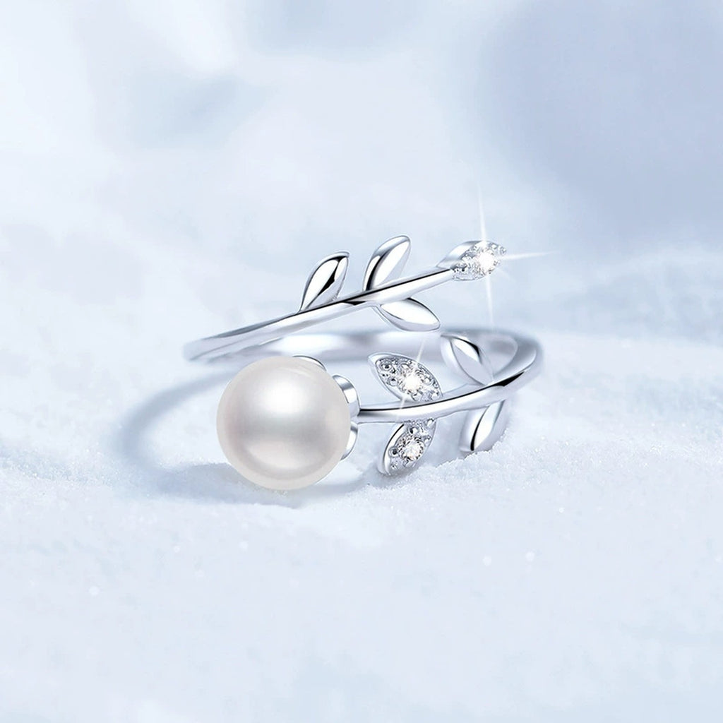 Pearl Adjustable Ring with CZ in White Gold-Plated S925 Sterling Silver product detail view