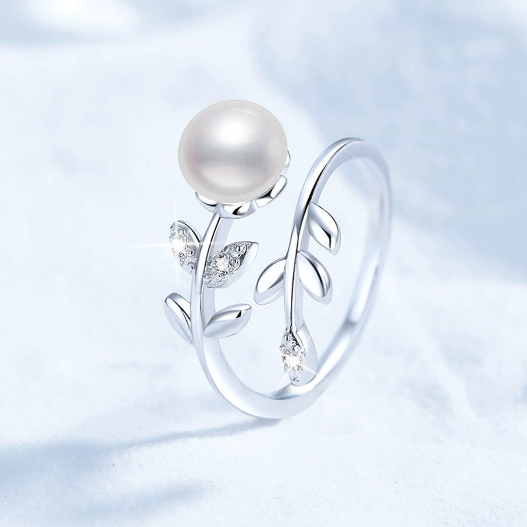 Pearl Adjustable Ring with CZ in White Gold-Plated S925 Sterling Silver product detail view