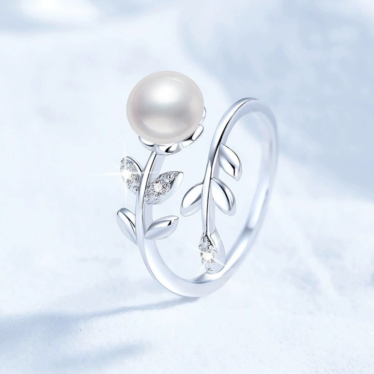 Pearl Adjustable Ring with CZ in White Gold-Plated S925 Sterling Silver product detail view