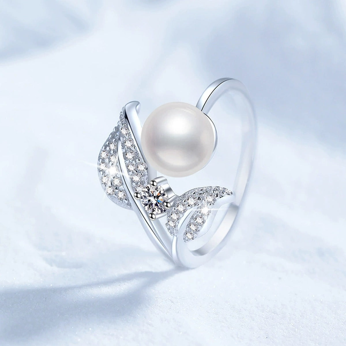 Pearl Star Adjustable Ring with CZ in White Gold-Plated S925 Sterling Silver product detail view