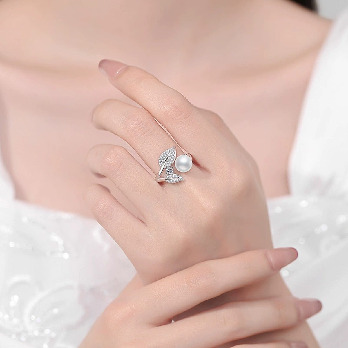 Pearl Star Adjustable Ring with CZ in White Gold-Plated S925 Sterling Silver worn by model