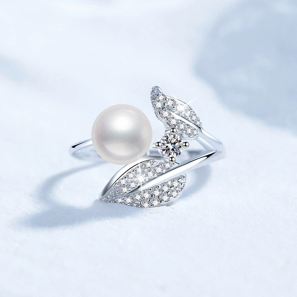 Pearl Star Adjustable Ring with CZ in White Gold-Plated S925 Sterling Silver product detail view