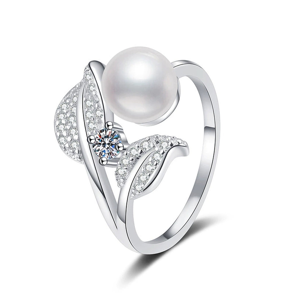 Pearl Star Adjustable Ring with CZ in White Gold-Plated S925 Sterling Silver white background product image