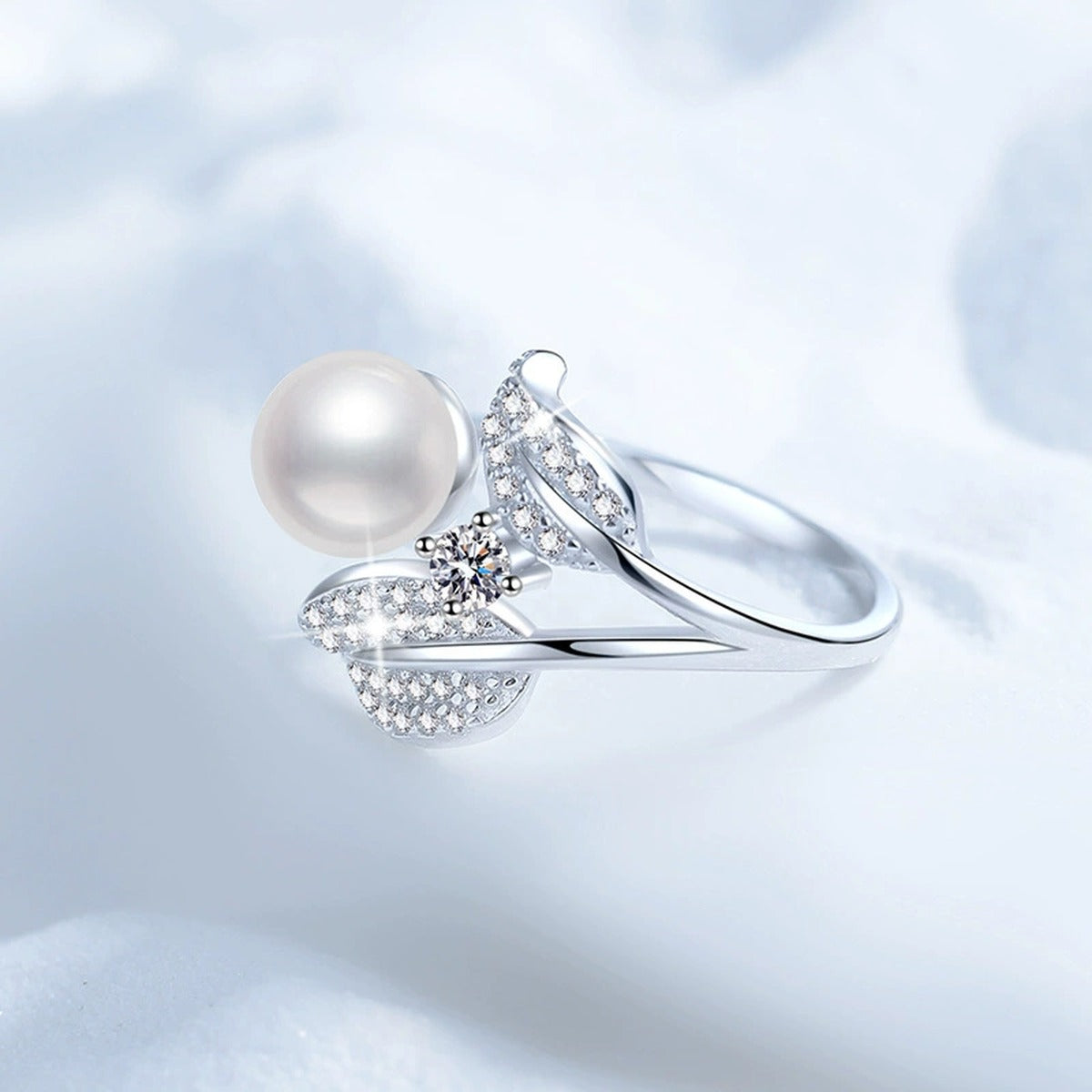 Pearl Star Adjustable Ring with CZ in White Gold-Plated S925 Sterling Silver product detail view