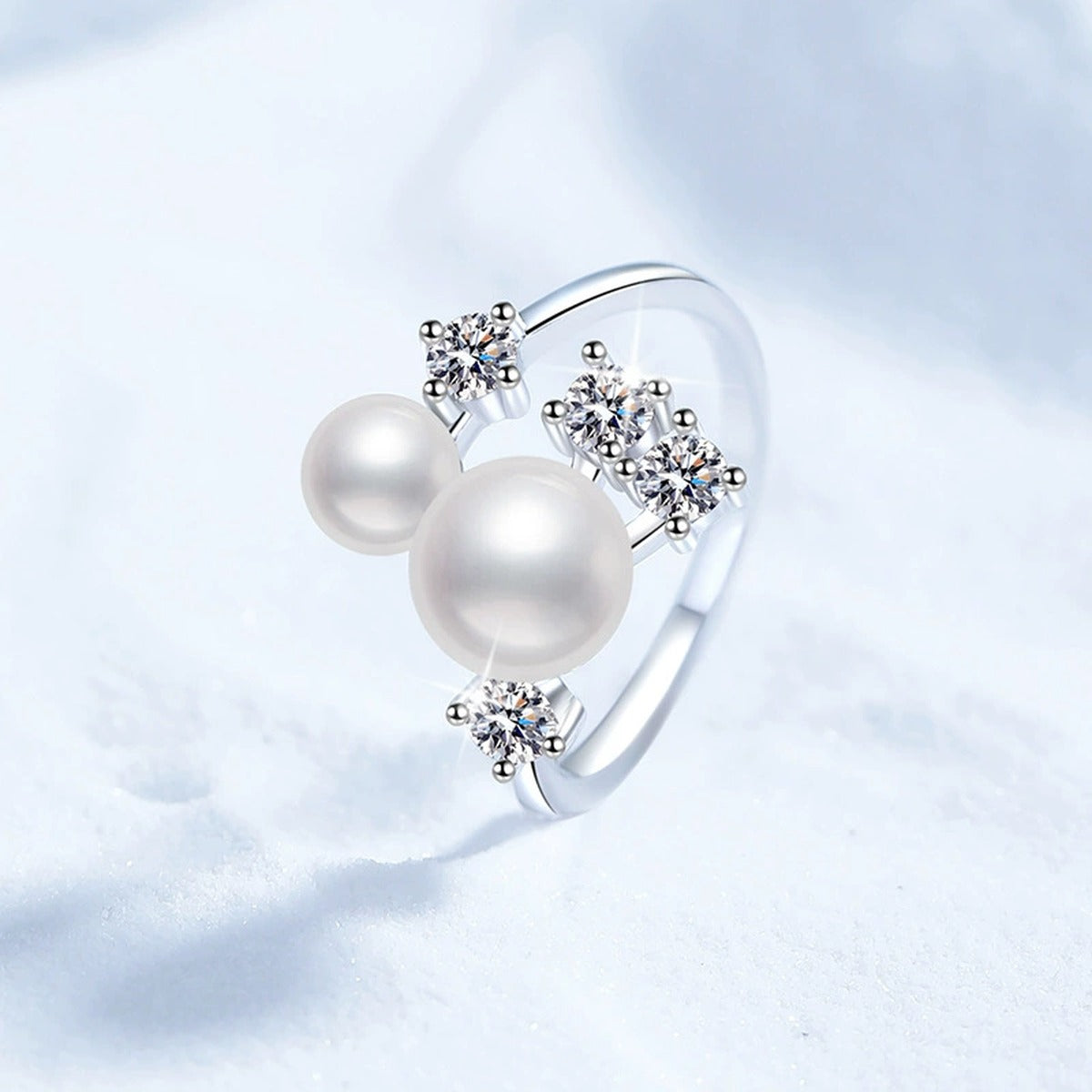 Multi-Pearl Adjustable Ring in White Gold-Plated S925 Sterling Silver product detail view