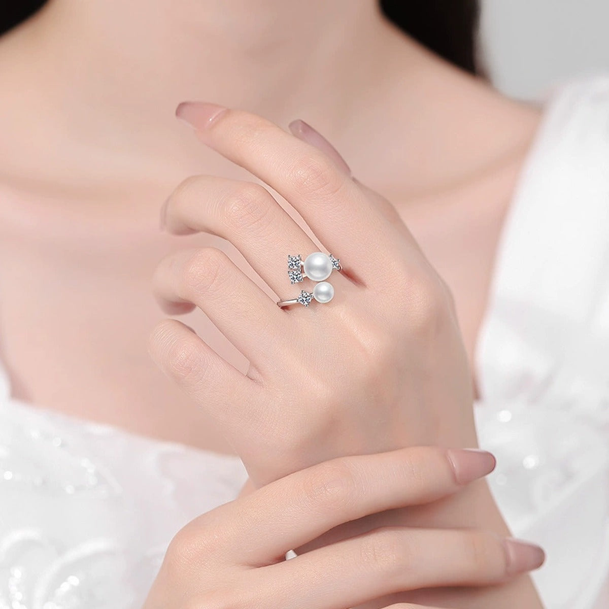 Multi-Pearl Adjustable Ring in White Gold-Plated S925 Sterling Silver worn by model