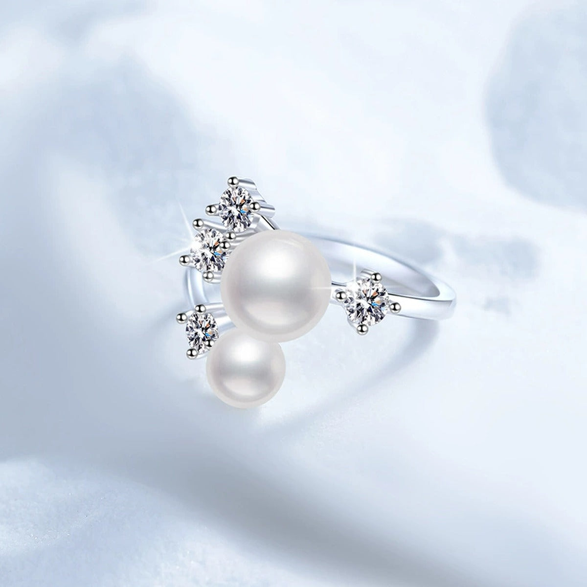 Multi-Pearl Adjustable Ring in White Gold-Plated S925 Sterling Silver product detail view