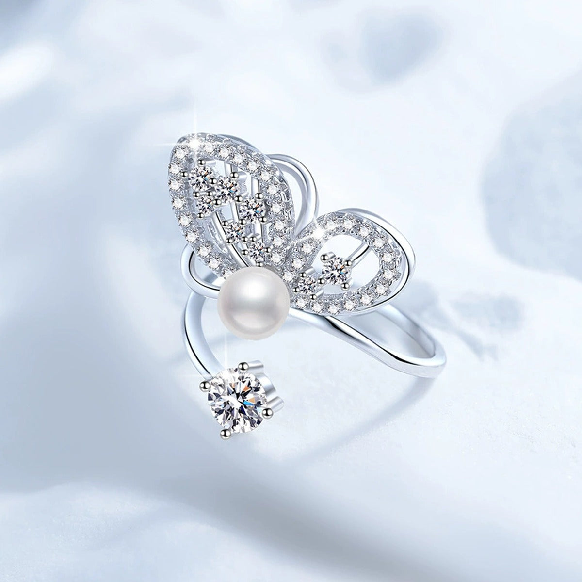 Pearl Statement Adjustable Ring with CZ in White Gold-Plated S925 Sterling Silver product detail view