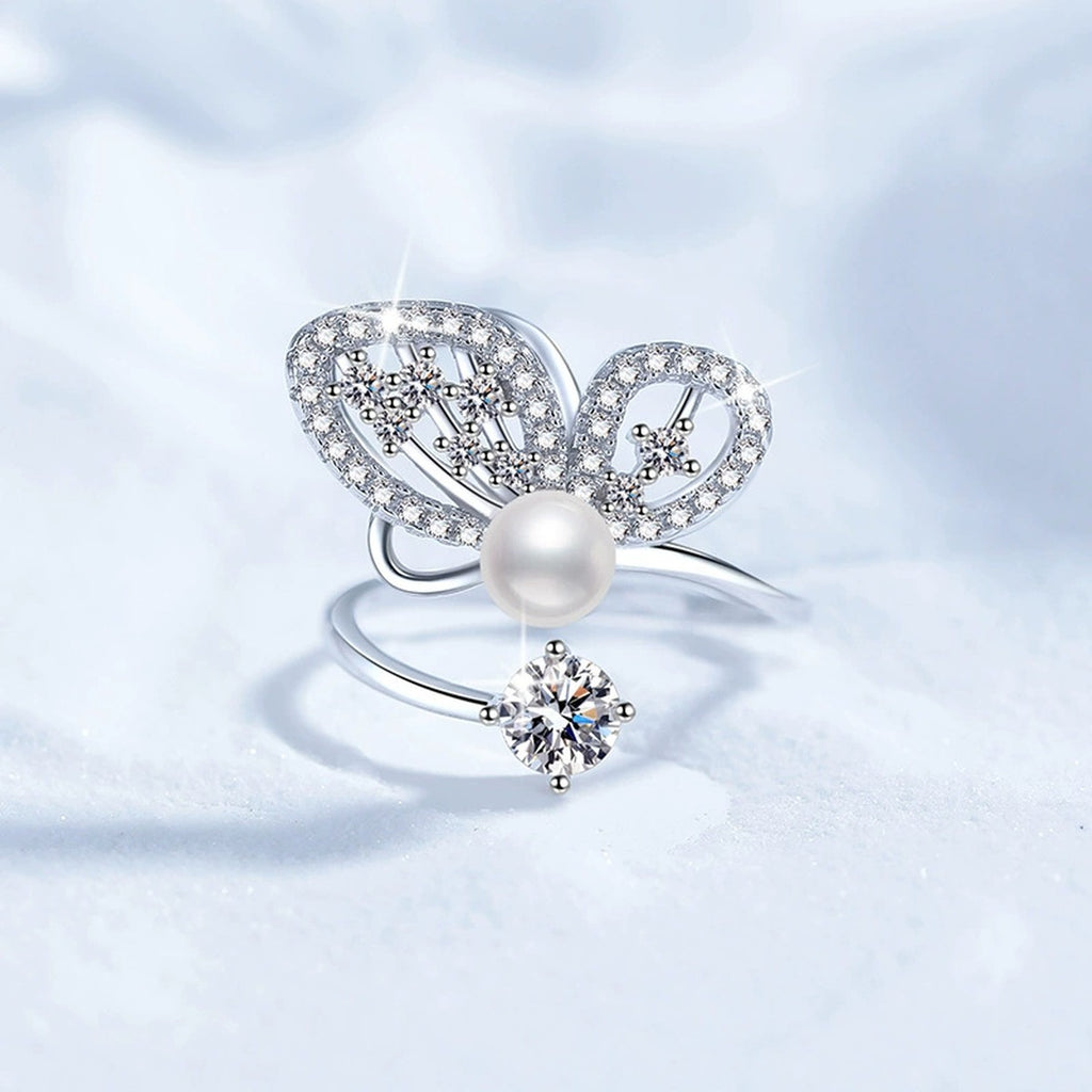 Pearl Statement Adjustable Ring with CZ in White Gold-Plated S925 Sterling Silver product detail view