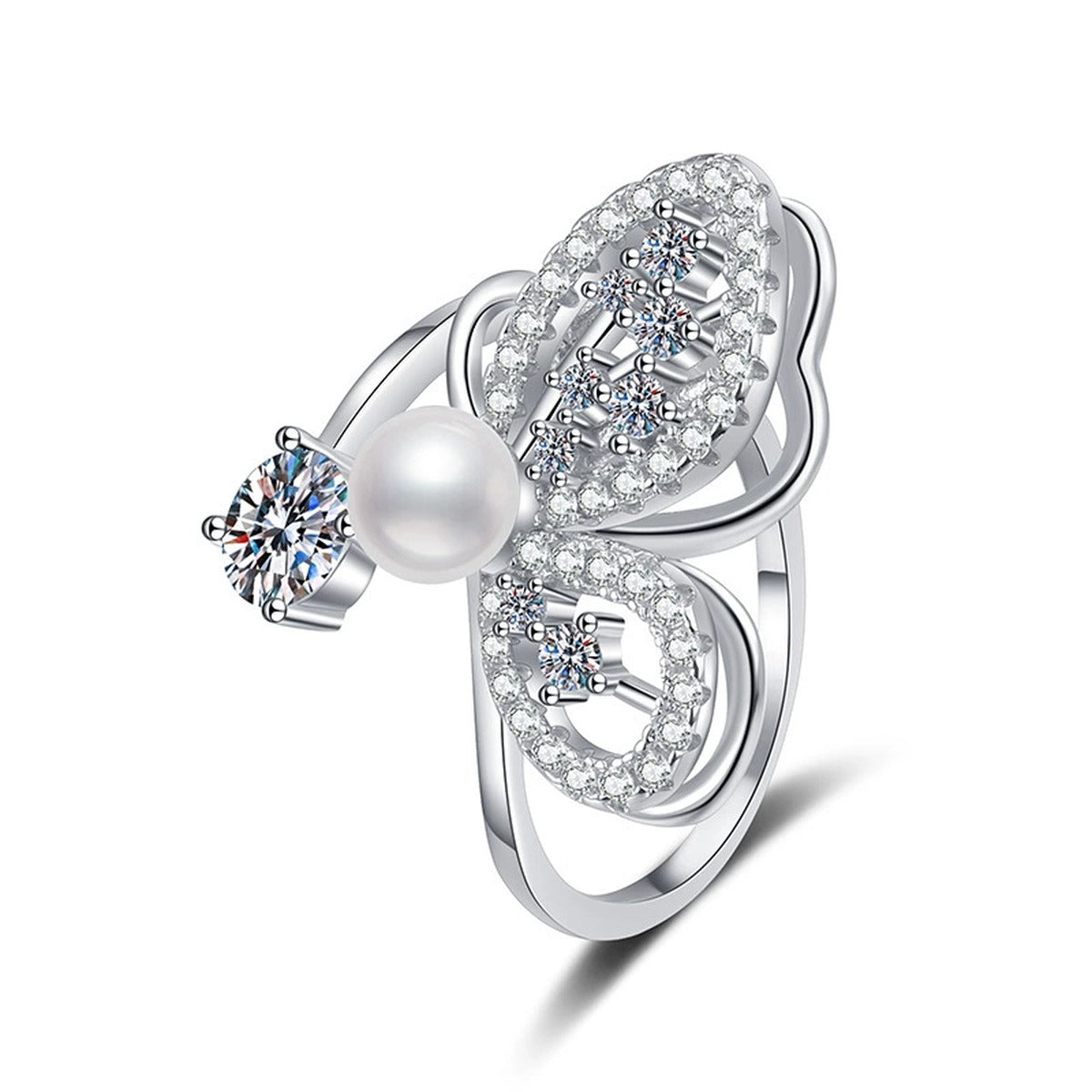 Pearl Statement Adjustable Ring with CZ in White Gold-Plated S925 Sterling Silver white background product image