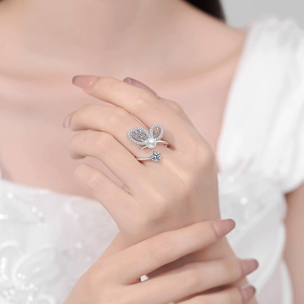 Pearl Statement Adjustable Ring with CZ in White Gold-Plated S925 Sterling Silver worn by model