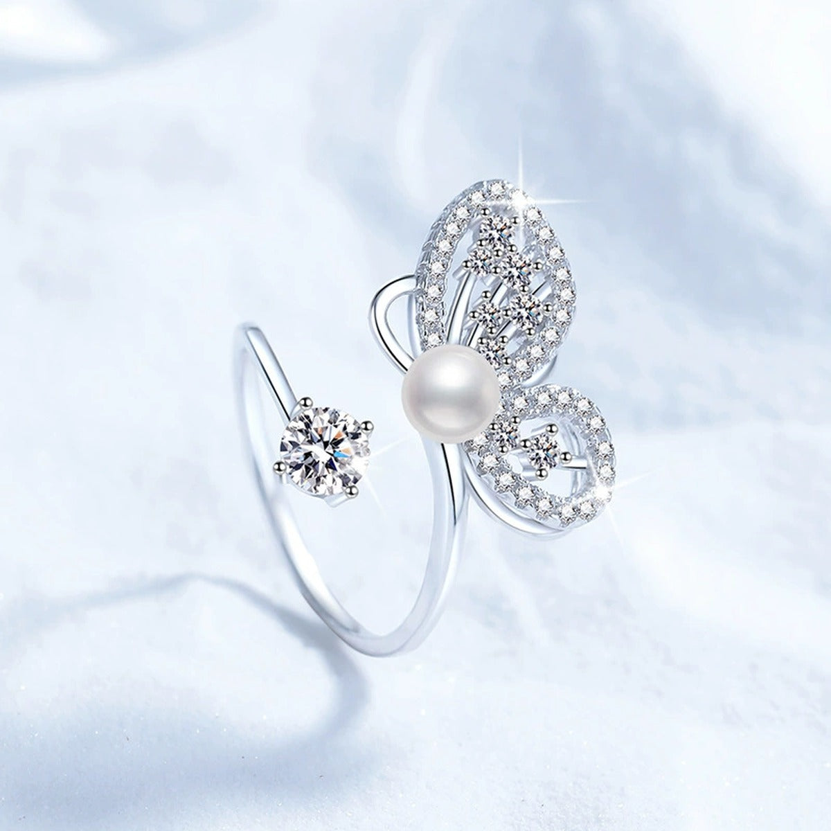 Pearl Statement Adjustable Ring with CZ in White Gold-Plated S925 Sterling Silver product detail view