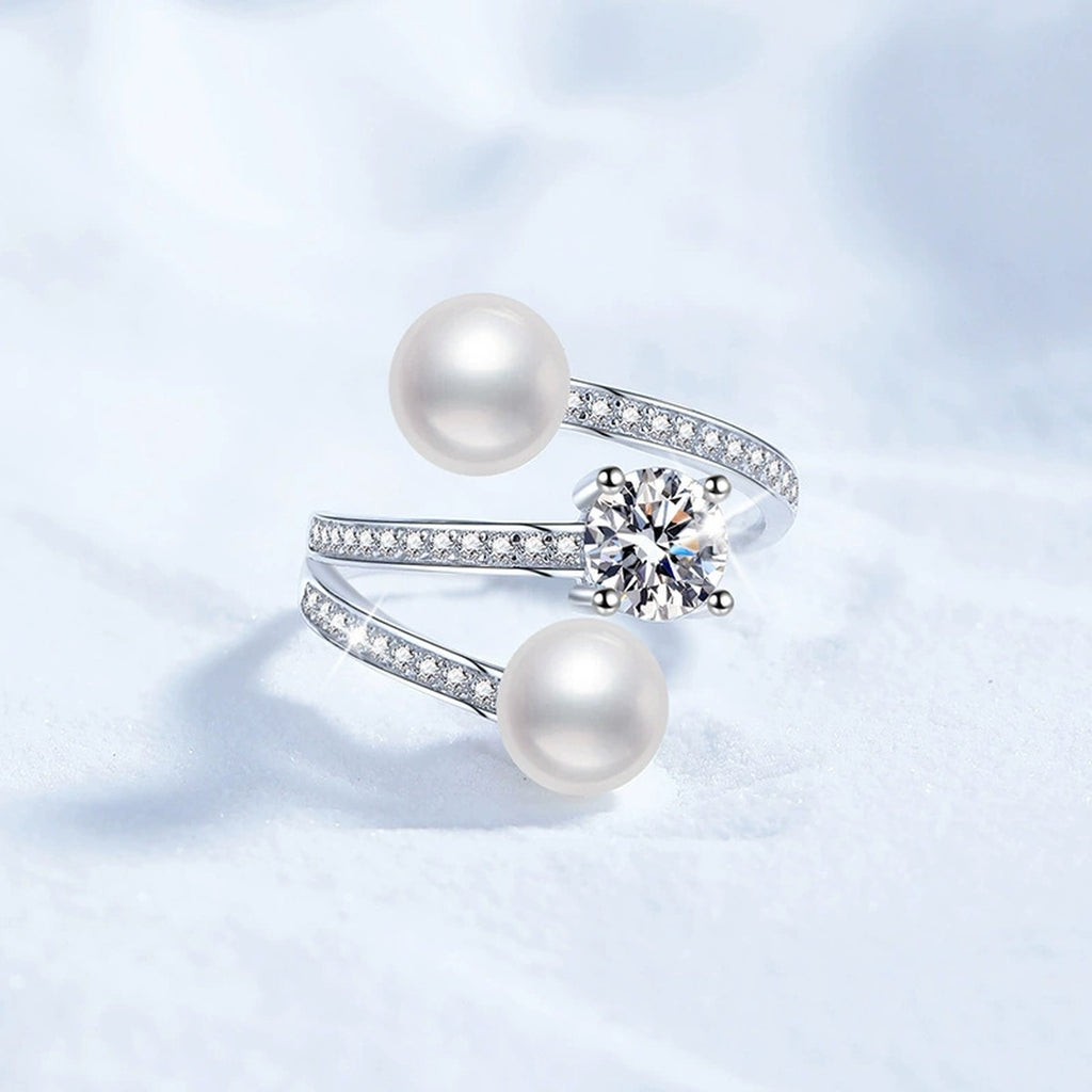 Two Pearl Adjustable Ring with CZ in White Gold-Plated S925 Sterling Silver product detail view
