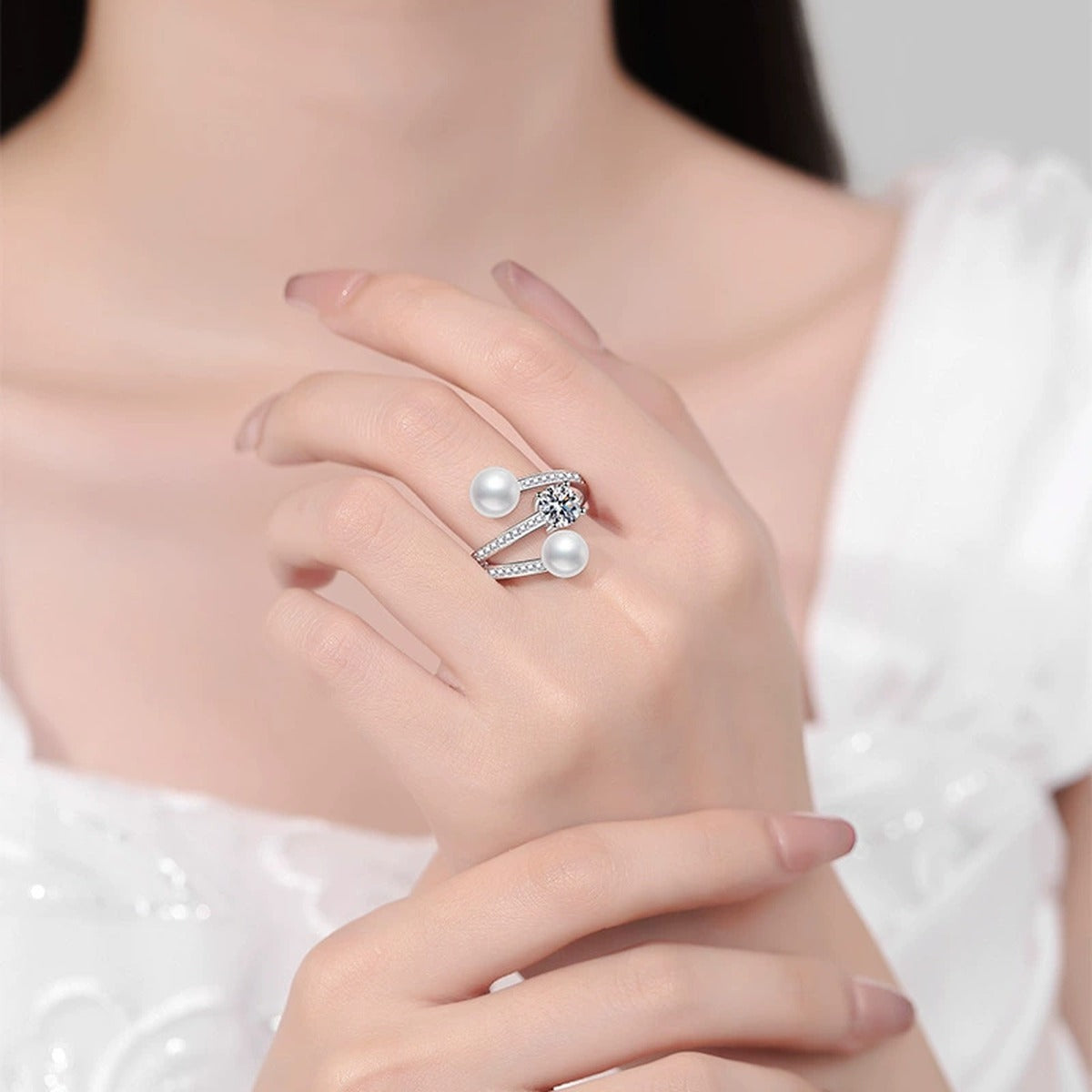 Two Pearl Adjustable Ring with CZ in White Gold-Plated S925 Sterling Silver worn by model