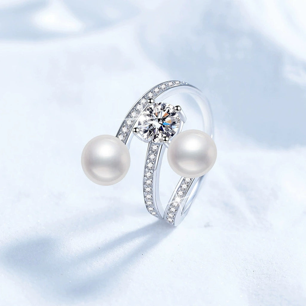 Two Pearl Adjustable Ring with CZ in White Gold-Plated S925 Sterling Silver product detail view