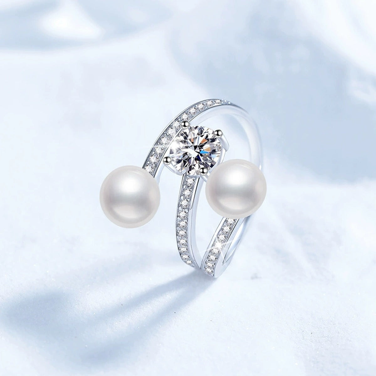 Two Pearl Adjustable Ring with CZ in White Gold-Plated S925 Sterling Silver product detail view