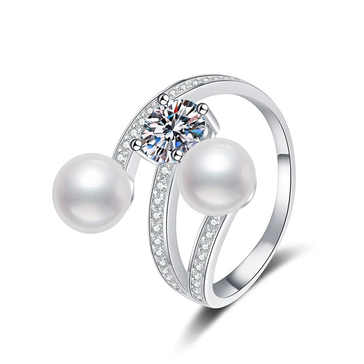 Two Pearl Adjustable Ring with CZ in White Gold-Plated S925 Sterling Silver white background product image