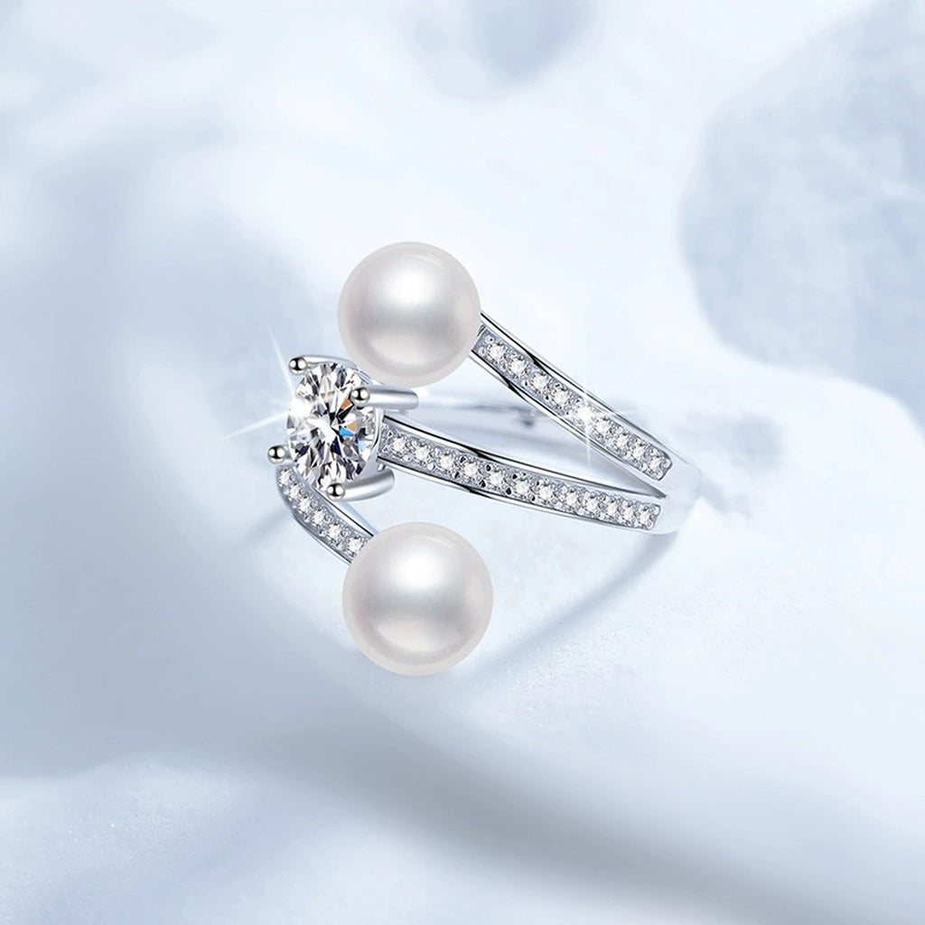 Two Pearl Adjustable Ring with CZ in White Gold-Plated S925 Sterling Silver product detail view