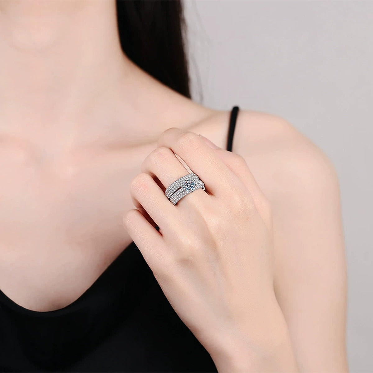 Stackable Moissanite Ring Set with CZ worn on hand by model