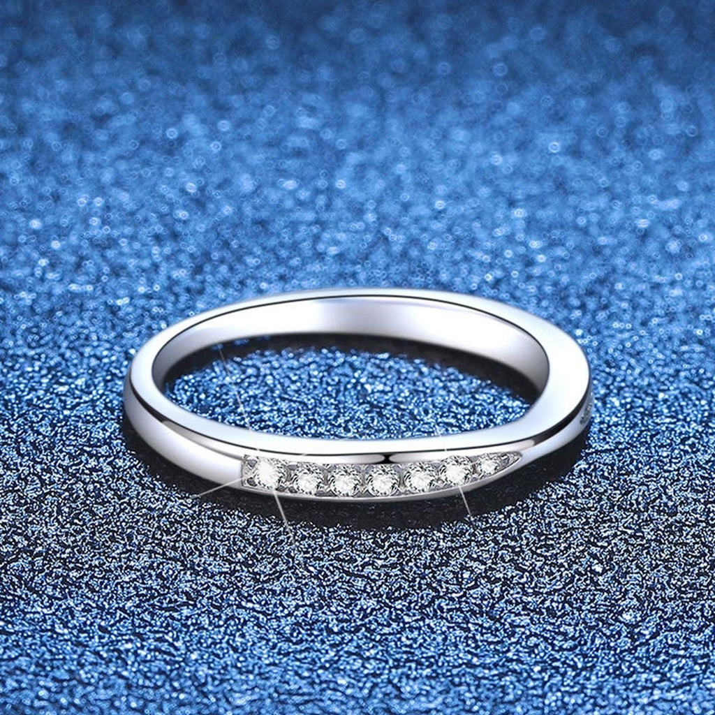 Slim Moissanite Band Ring blue background product view