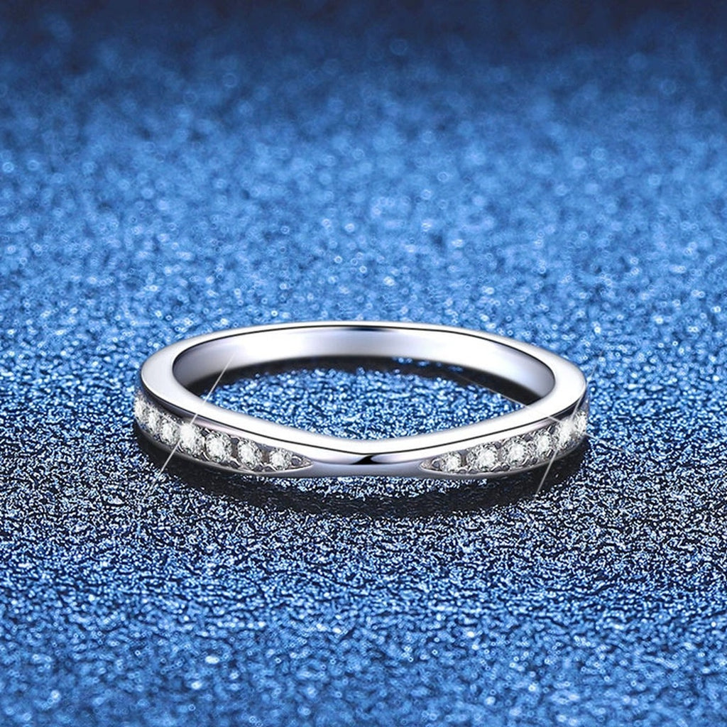 Slim Moissanite Band Ring blue background product view