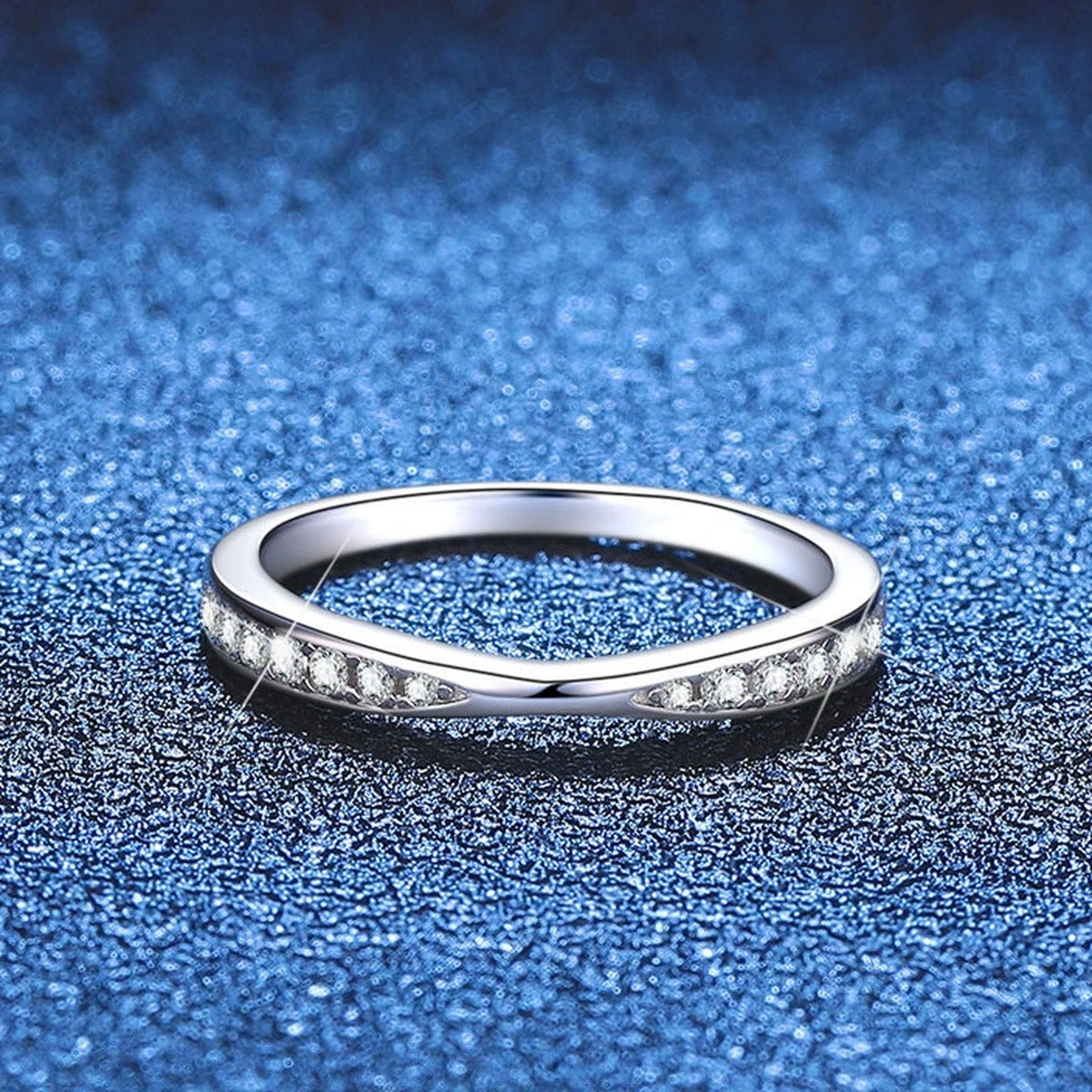 Slim Moissanite Band Ring blue background product view
