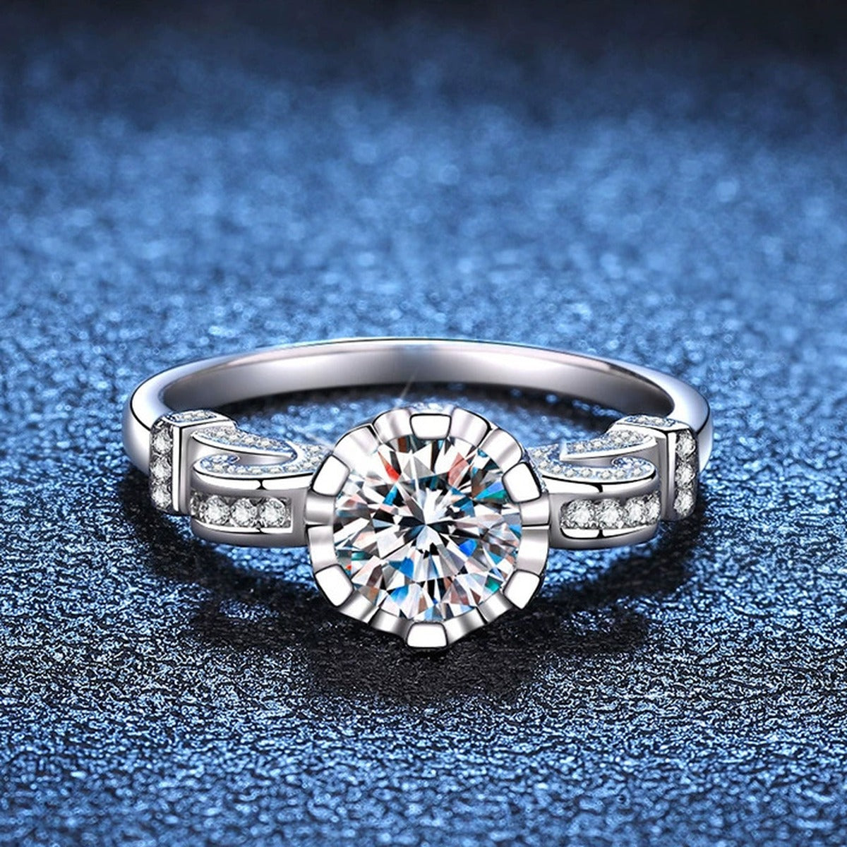 Round Moissanite Ring with CZ blue background product view