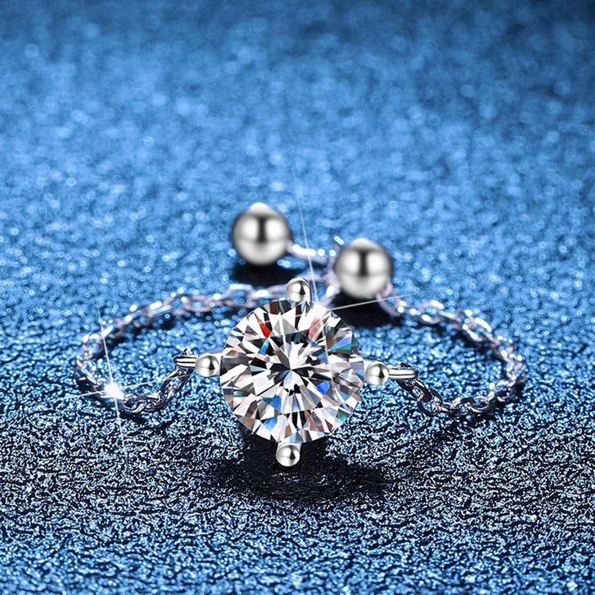 Adjustable Chain Moissanite Ring blue background product view