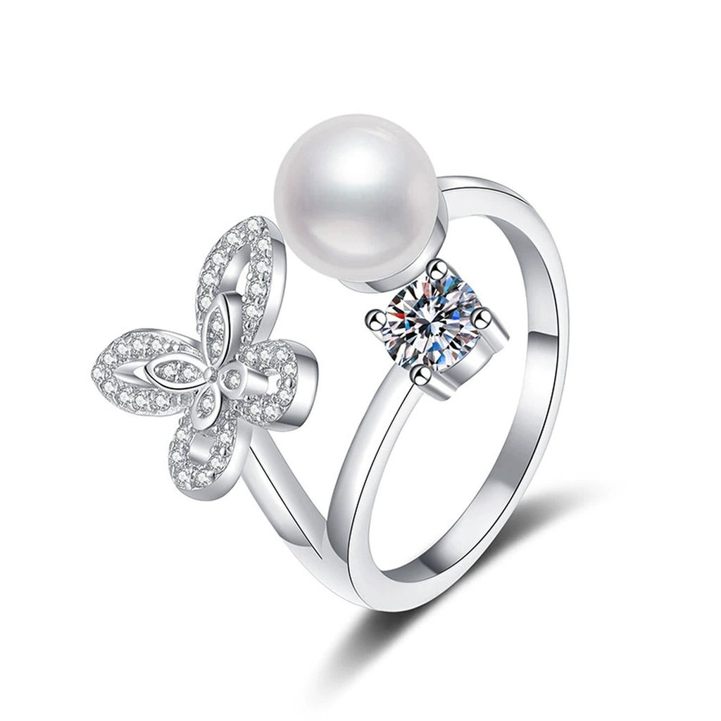 Floral Pearl Adjustable Ring with CZ in White Gold-Plated S925 Sterling Silver white background product image