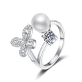 Floral Pearl Adjustable Ring with CZ in White Gold-Plated S925 Sterling Silver white background product image