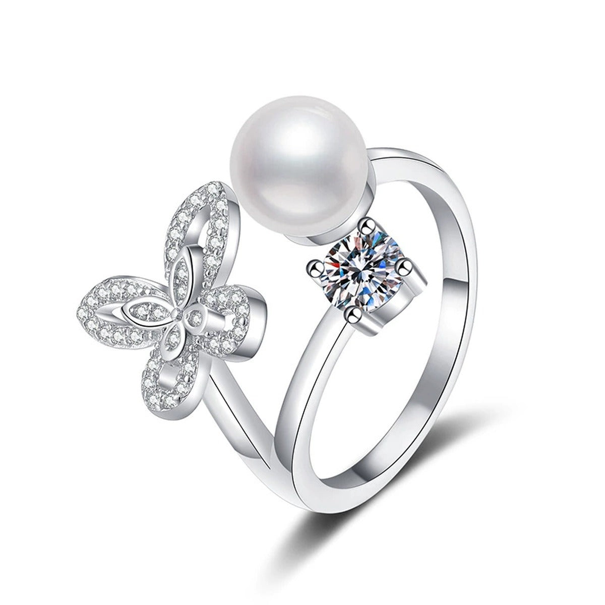 Floral Pearl Adjustable Ring with CZ in White Gold-Plated S925 Sterling Silver white background product image