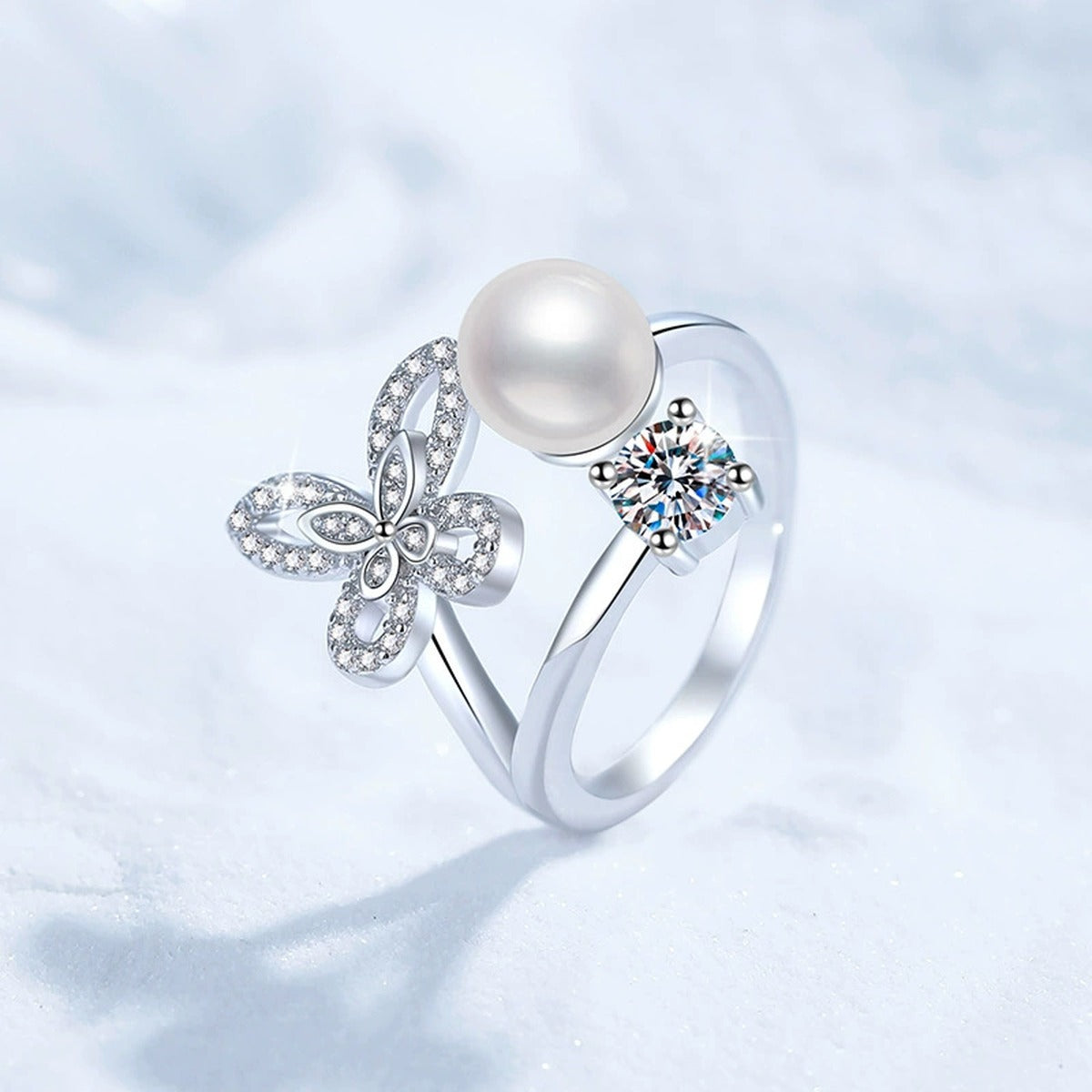 Floral Pearl Adjustable Ring with CZ in White Gold-Plated S925 Sterling Silver product detail view