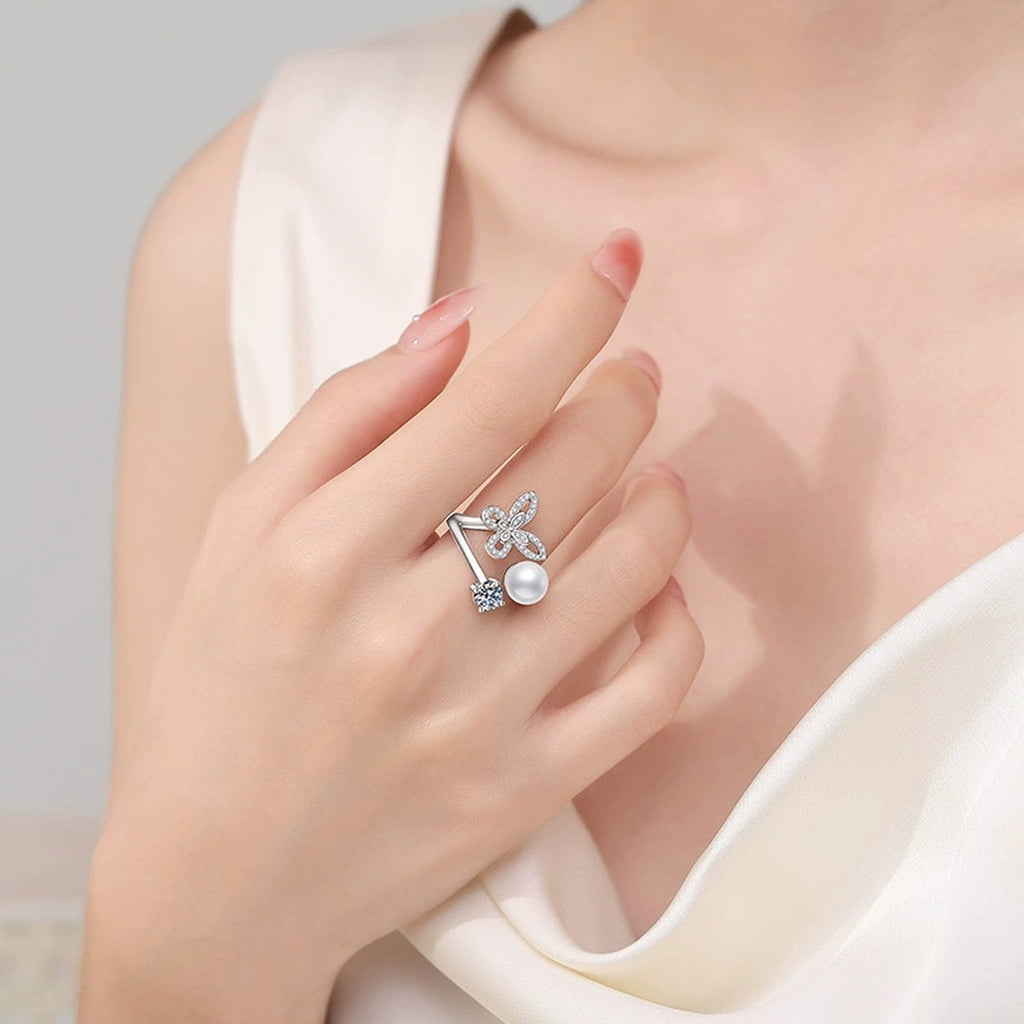 Floral Pearl Adjustable Ring with CZ in White Gold-Plated S925 Sterling Silver worn by model