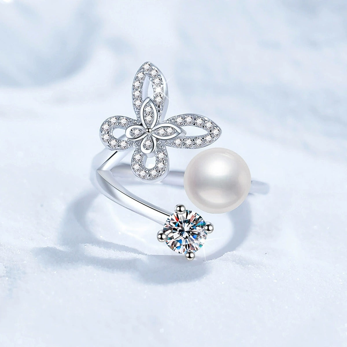 Floral Pearl Adjustable Ring with CZ in White Gold-Plated S925 Sterling Silver product detail view