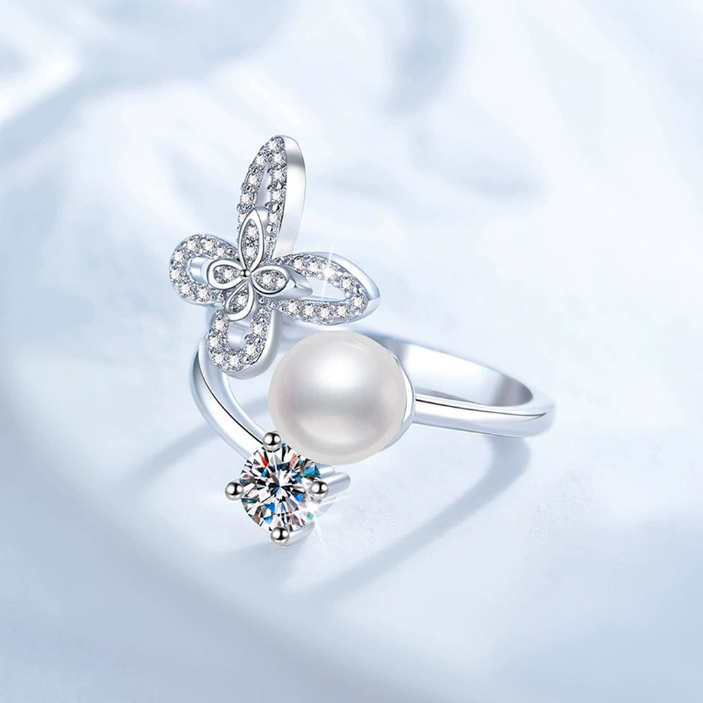 Floral Pearl Adjustable Ring with CZ in White Gold-Plated S925 Sterling Silver product detail view