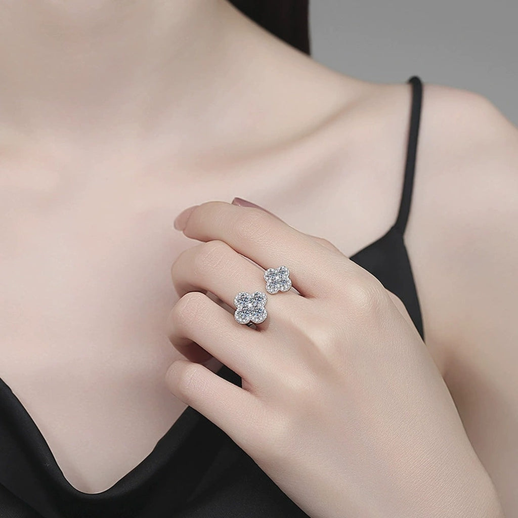 Adjustable Floral Moissanite Ring with CZ worn on hand by model