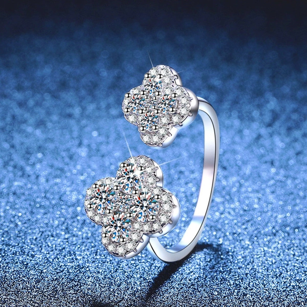 Adjustable Floral Moissanite Ring with CZ blue background product view