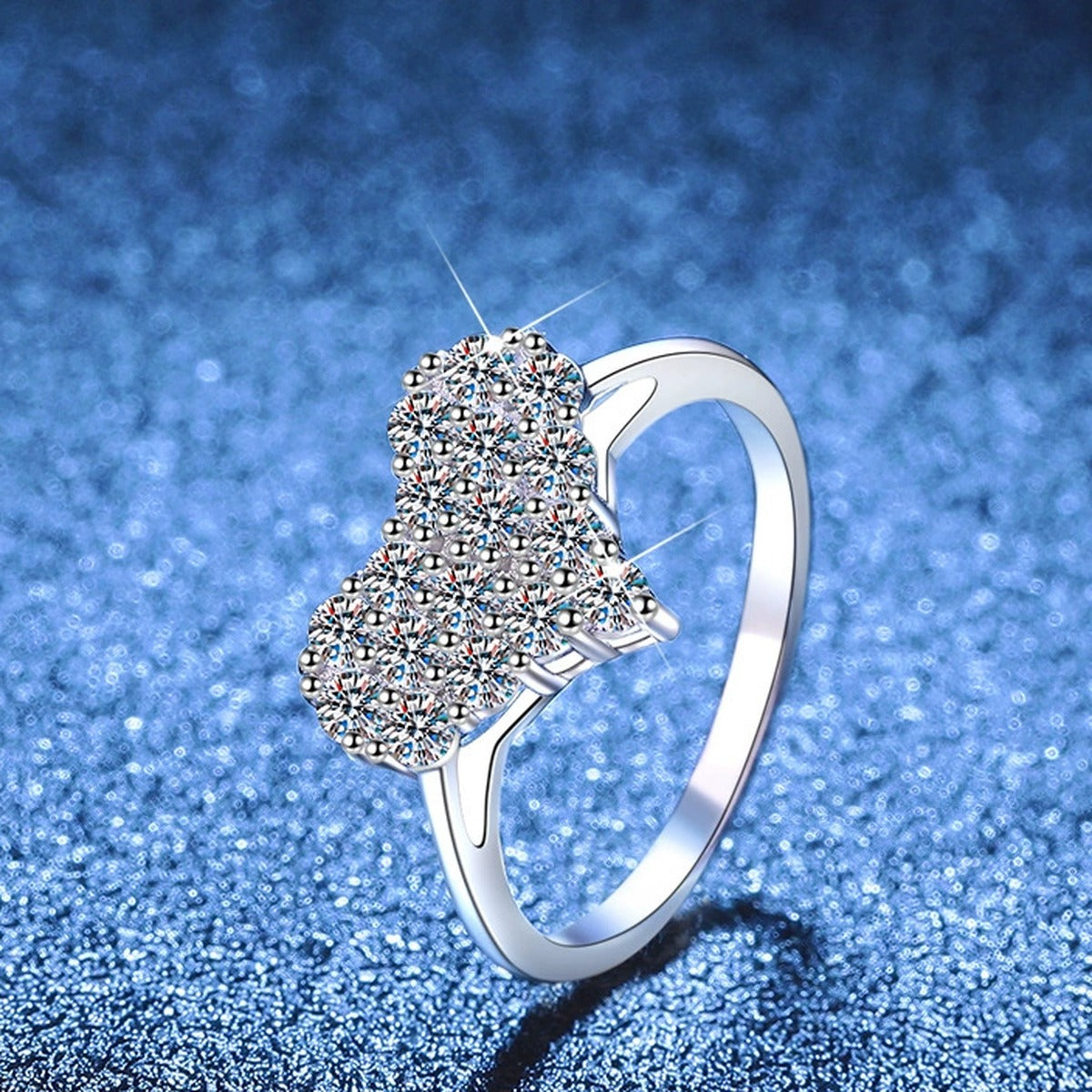 Floral Cluster Moissanite Ring blue background product view
