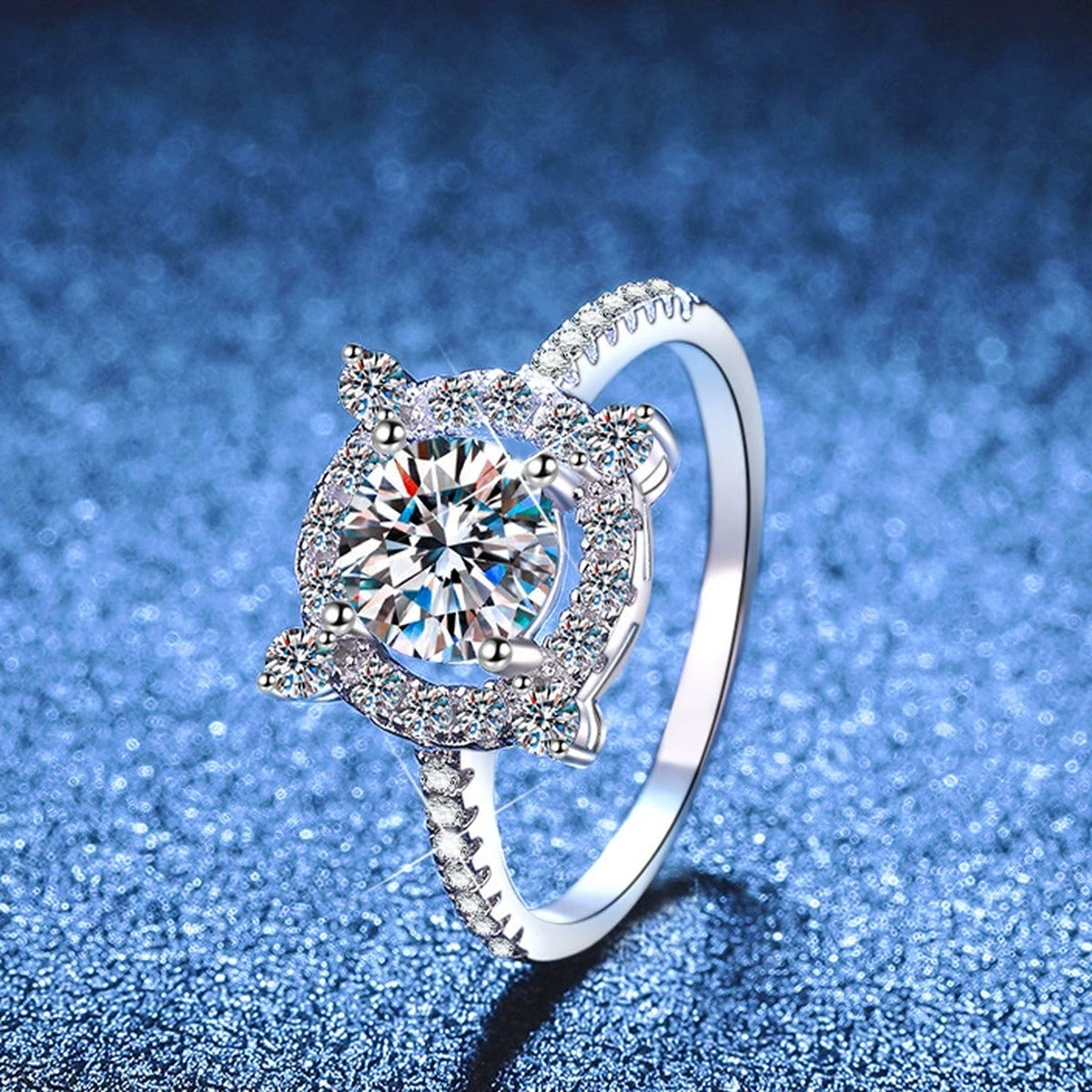 Round Halo Moissanite Ring with CZ blue background product view