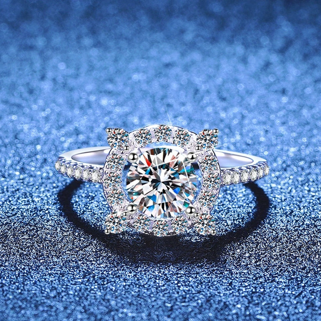 Round Halo Moissanite Ring with CZ blue background product view