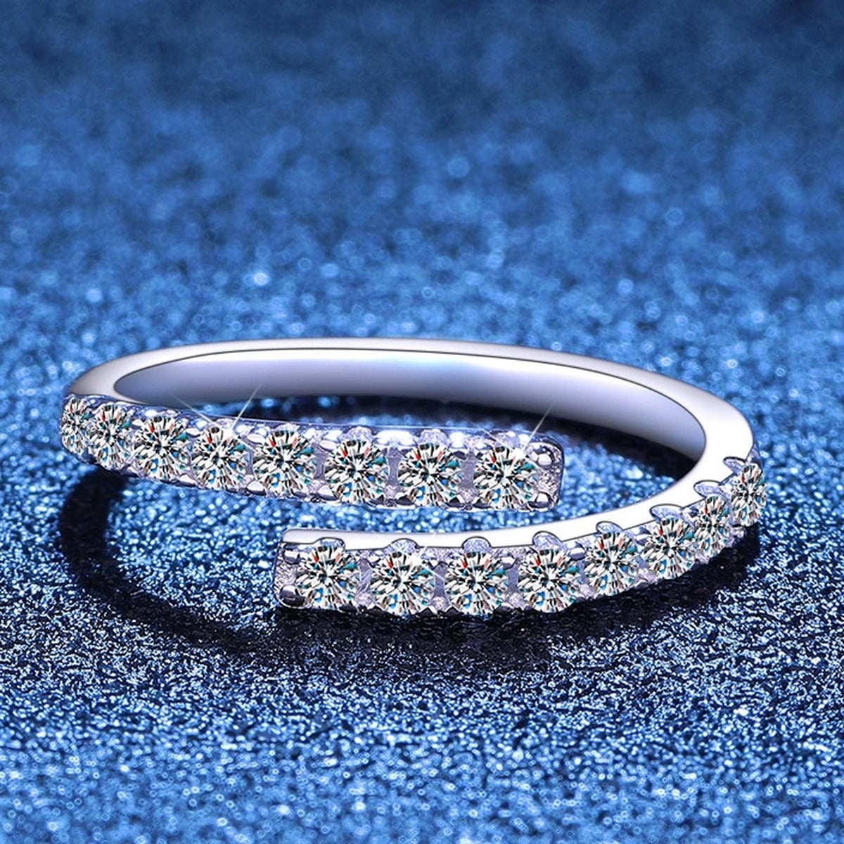 Adjustable Bypass Moissanite Band Ring blue background product view