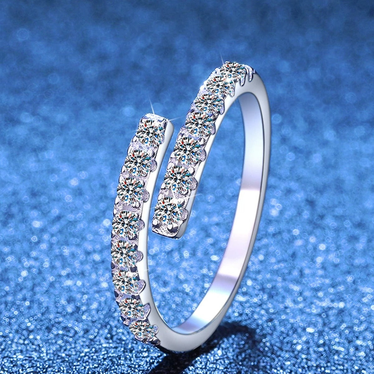 Adjustable Bypass Moissanite Band Ring blue background product view