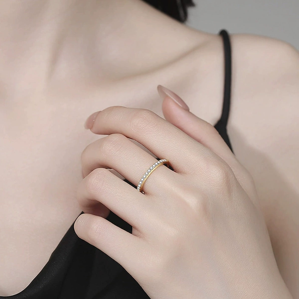 Slim Moissanite Band Ring in Yellow Gold-Plated S925 Sterling Silver worn on hand by model