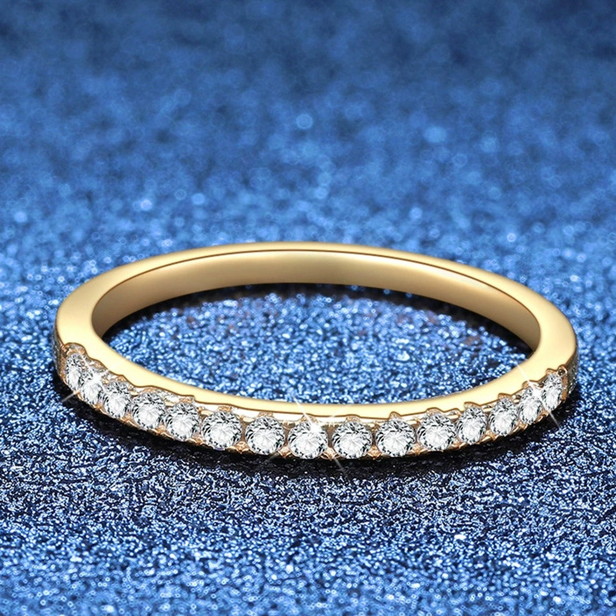 Slim Moissanite Band Ring in Yellow Gold-Plated S925 Sterling Silver blue background product view