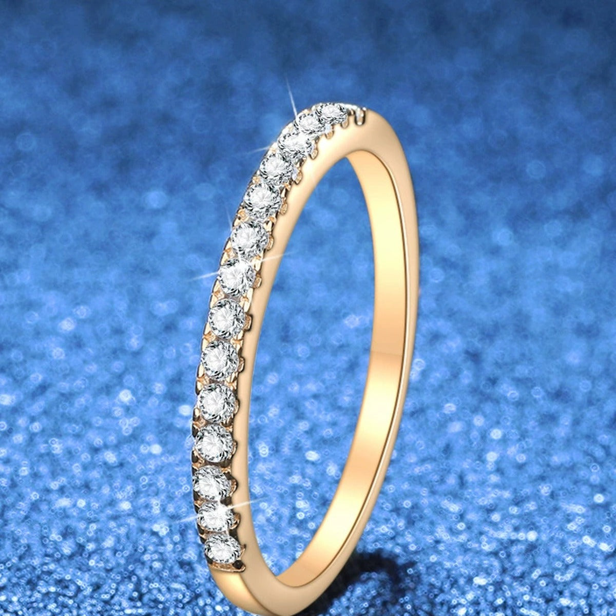 Slim Moissanite Band Ring in Yellow Gold-Plated S925 Sterling Silver blue background product view