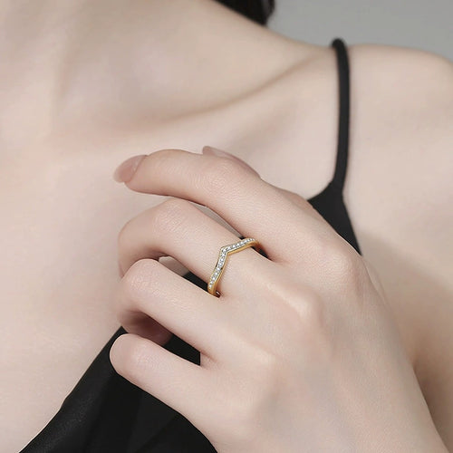 Chevron Moissanite Band Ring in Yellow Gold-Plated S925 Sterling Silver worn on hand by model