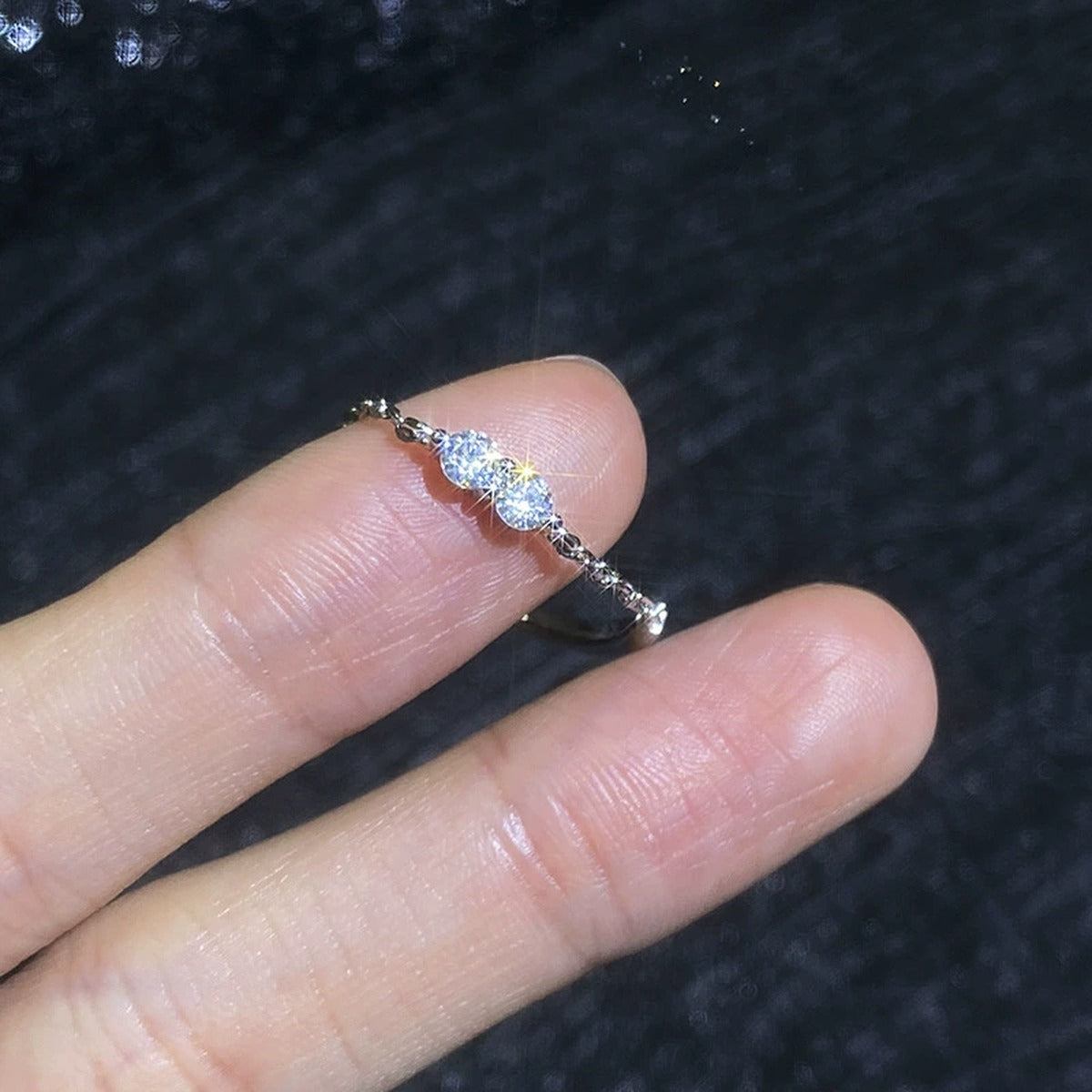 Two stone Moissanite Band Ring in White Gold-Plated S925 Sterling Silver worn by model